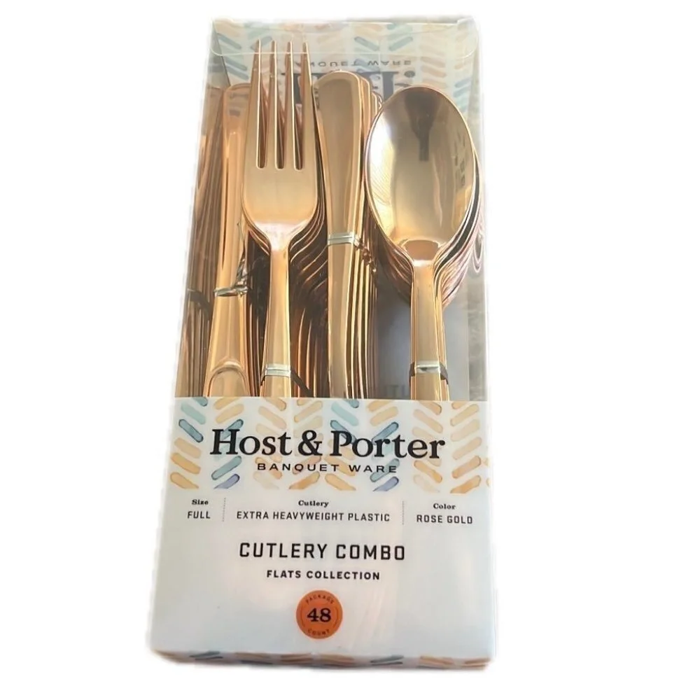 Host And Porter Rose Gold Plastic Flatware Cutlery Combo Set Full Size 48 Pieces